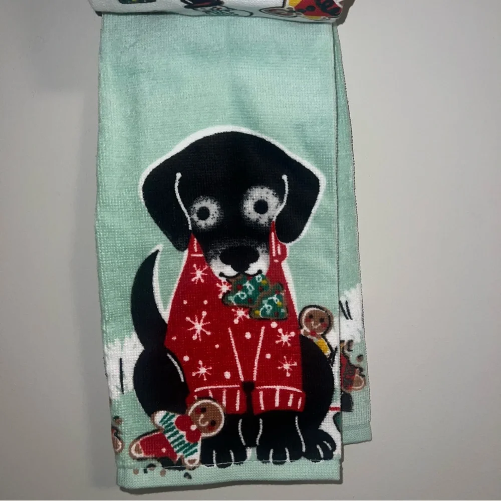 St. Nicholas Square Holiday Dog Kitchen Towels- Black and Red